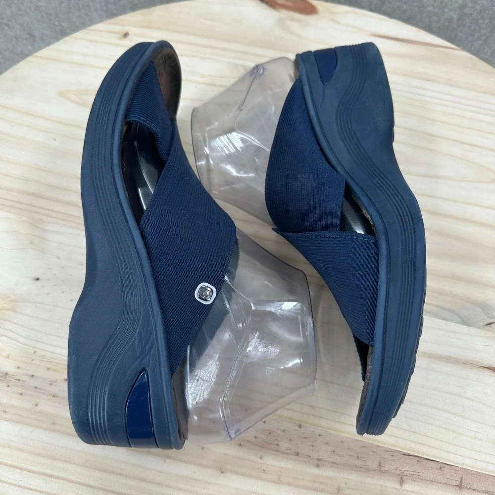 Bzees Desire Navy Blue Stretch Fabric Cross Strap Wedge Sandals 9.5 Slip On Shoe
